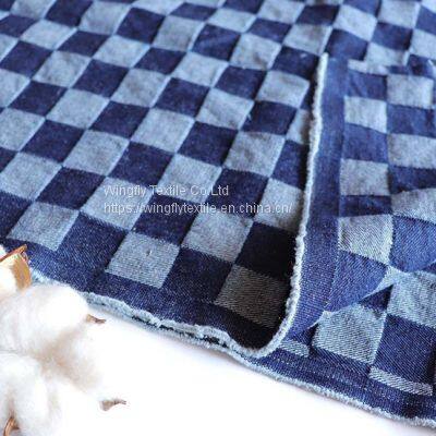 10oz 100%Cotton Jacquard Blue Checkered Fabric Washed Denim Material W068 photo-2