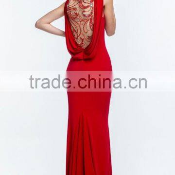 Elegant Long Beaded See Through Back Bowl Neck Red Evening Dress Sweep Train photo-4