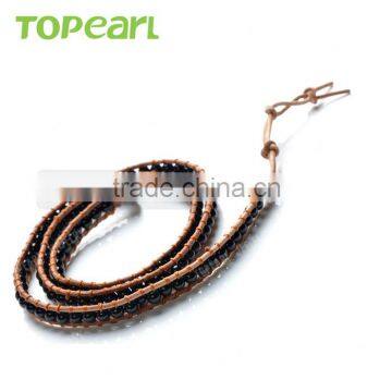 Topearl Jewelry Fashion Black Agate Bracelet Women Woven Leather Wrap Bangle With Copper Alloy Clasp CLL170 photo-3