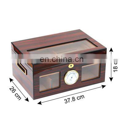 Stained Brown Desktop Lacquer surface large capacity 100ct Humidor Cigar Box with glass top For Cigar Storage