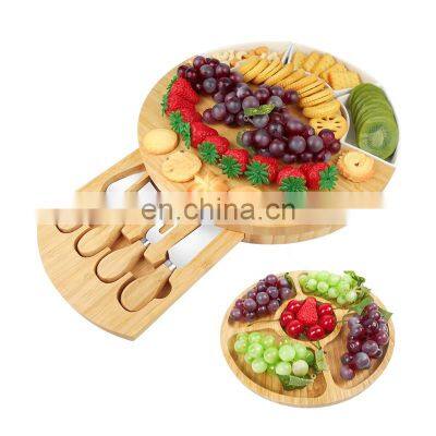 Bamboo Round Charcuterie Boards Cheese Board and Knife Set Meat Platter With 4 Knives Cheese Cutting Board Set photo-5