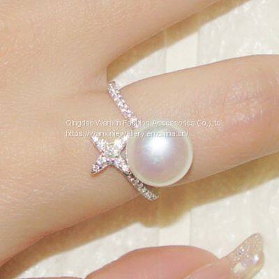 S925 Sterling Silver Ring Female Diamond Cross Star Pearl Ring photo-3