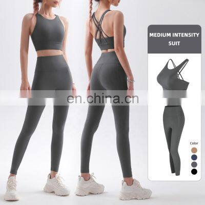 2 Pcs Fleece Yoga Sets Backless Sport Bra Gym High Waist Leggings For Women