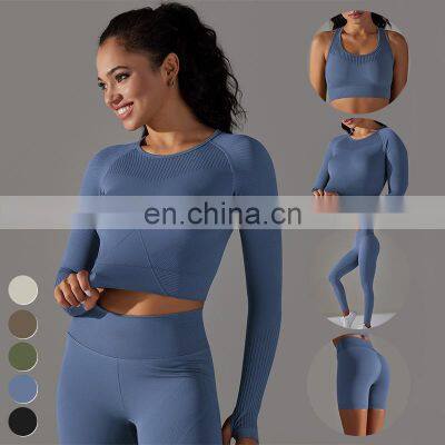 Wholesale Activewear 4 Piece Suit Workout Wear Sports Bra Leggings Long Sleeve Tshirt Gym Fitness Sets Women Seamless Yoga Set