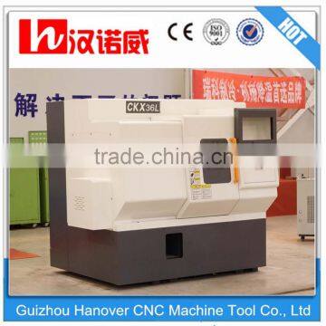 small cnc lathe machine CKX36L linear guideway 5" hydraulic chuck 4 station gang tool 46mm spindle bore slant bed deisgn lathe