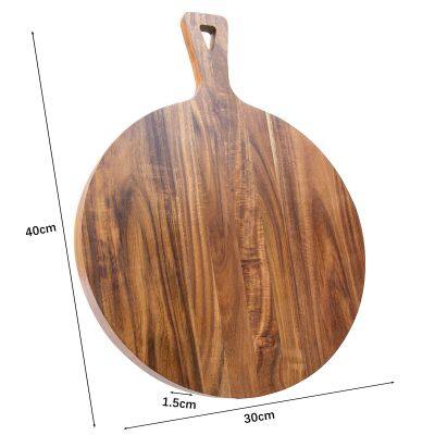 In Stock Multi-Function Round Acacia Wood Board Pizza Cutter Plate Steak Tray Thick Chopping Board With Handle for Baking