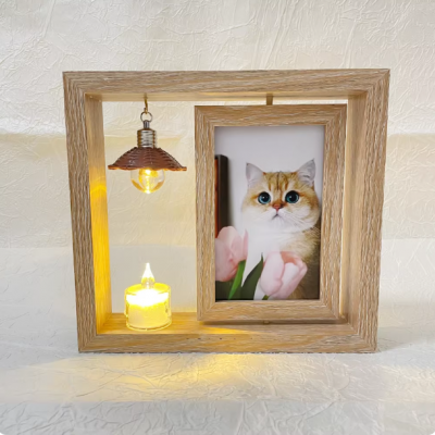 Pet Memorial Photo Frame Double Sided Wooden Dog Rotating Picture Frame