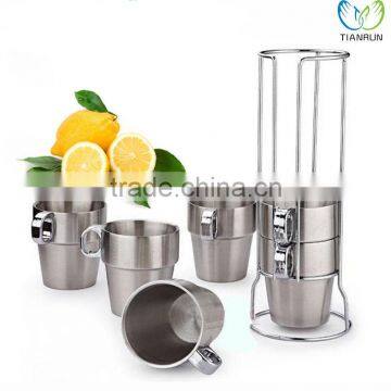 6pc Cups Set with a Rack Drinking Coffee Juice Double Wall Stainless Steel Mugs