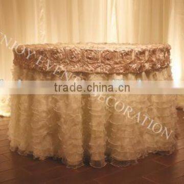 YHK#89 fancy rosette curly table skirt - polyester banquet wedding events wholesale table cloth overlay skirt linen                        
                                                Quality Choice