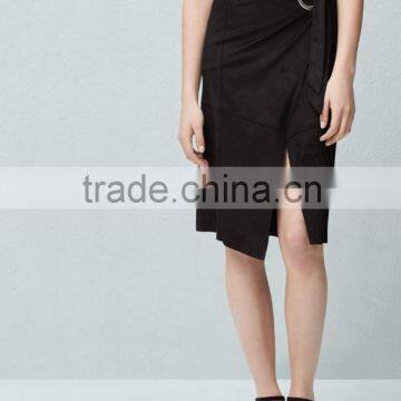 Custom Slit With Buckle Women Black Faux Suede Wrap Skirt