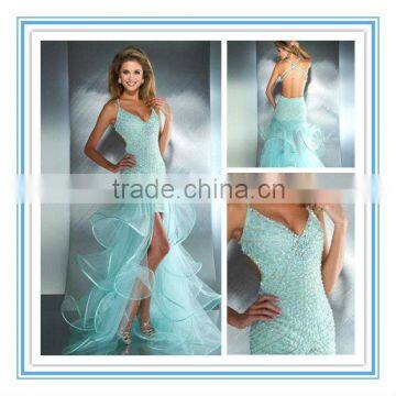 2015 Lastest Spaghetti Straps Sexy Front Slit Organza Skirt Backless Evening Dresses (EVMA-1016)