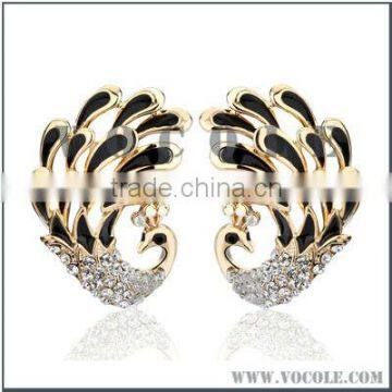 peacock shape shiny crystal metal alloy earrings