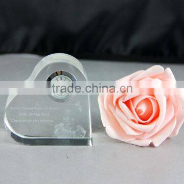 Heart shape Crystal Clock with Customized Logo for Wedding Favor