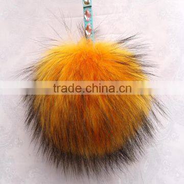 Wholesale Real Large Fluffy 13cm Colorful Raccoon Fur Ball with Keychain