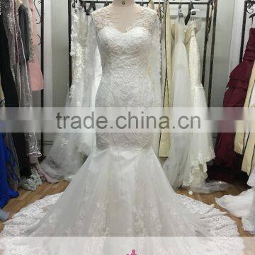 AR-23 Latest Dress Designs Long Sleeves Chapel Appliques V-Neck Beading Women Wedding Dress 2016