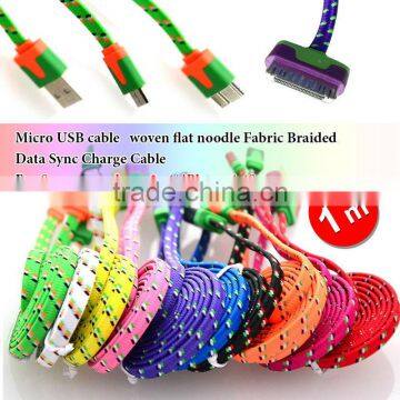 Diamond LED Fabric Braided Flat USB Data Charger Cable for iphone 5 5S 4Samsung Galaxy S2 S3 S4 Note 2 3 LG