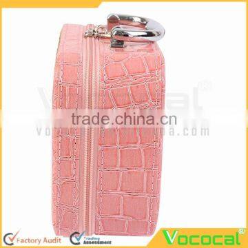 PU Leather Cosmetic Makeup Box Case Toiletry Organizer Storage Handbag With Mirror Crocodile Pattern Pink photo-2