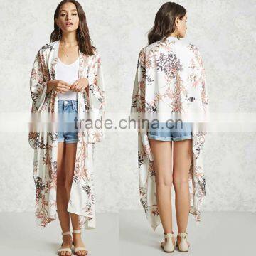 New Design Ladies Clothes Floral Print Handkerchief Hem Open Front 3/4 Length Dolman Sleeves Cardigans Floral Kimono Women