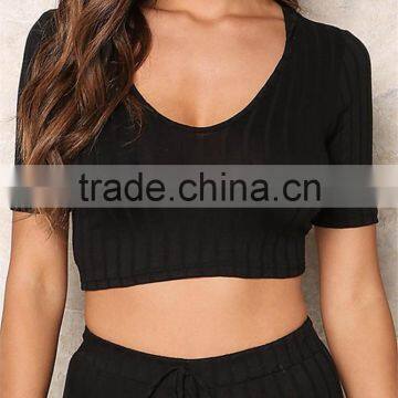 MGOO High Quality Black Ribbed Hood Tops Sleeveless Cropped Tops And Legging For Running Tracksuits Plain Basic photo-4