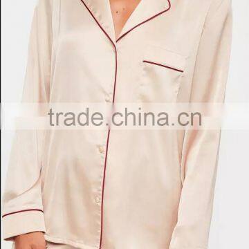 Custom Design Plain Nude Satin Pyjama Set With Contrast Burgundy Piping Button Top With Shorts photo-4