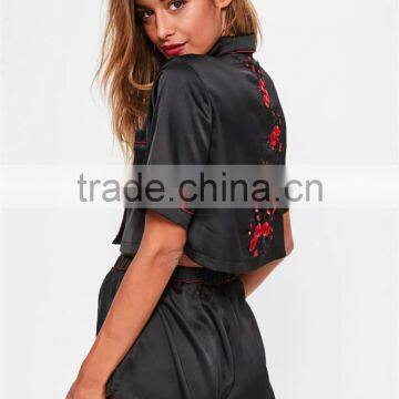 MGOO Embroidered Satin Pajama Set Black Satin Applique Detail Pyjama Set Crop Short Sleeve Button Top With Shorts photo-2