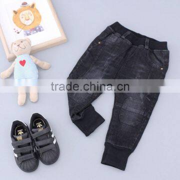 hot sale boy and girl winter pant thick model fake pocket in knee black color denim material kids pants