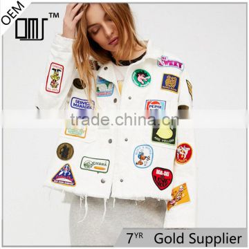 New trendy girl gang hand-sewn vintage patches cotton bomber jacket