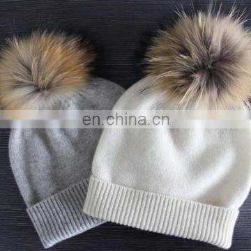 Flat knitted ladies cashmere winter hats with fur pom pom