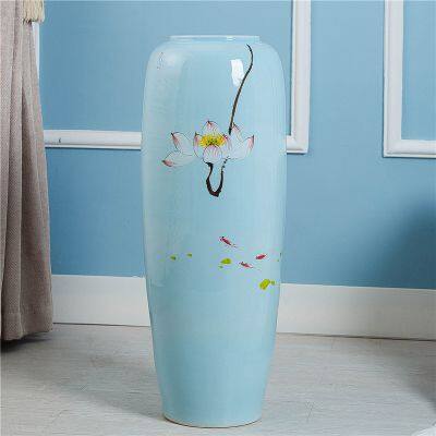 Hand Paint Countryside Style Lotus Flower Large Blue Ceramic Vase Decoration For Wedding Gift photo-4