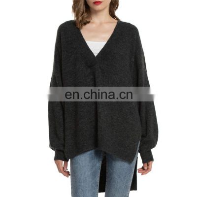 Loose V Neck Drop Shoulder Long Batwing Sleeve Slouchy Stepped Hem Plus Size Pullover Cashmere Wool Sweater