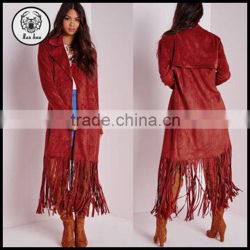 2015 Women Winter Long Sleeve Long Fringe Faux Suede Trench Coat