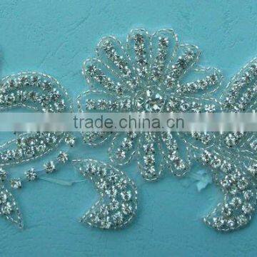 SEQUIN APPLIQUE, SEW ON, GLASS BEADS RHINESTONE PATCH, SILVER COLOR ONE PC