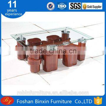 Living room furniture RB-528 transparent glass&pu coffee table rectangular tea table with small pu stool