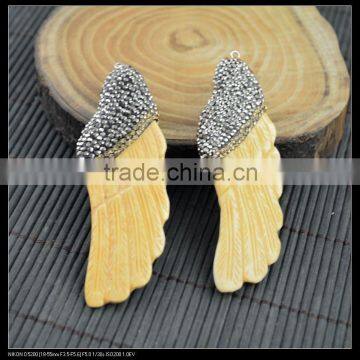 LFD-0062P ~ Wholesale Bull Bone Carved Wings shape Pendants With Crystal Rhinestone Paved Pendant,