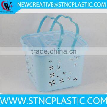 flower embossing plastic storage basket box with handle and lid