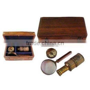 nautical Magnifying glass.compass and telescope in wooden Box A65