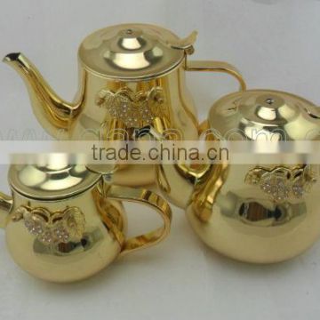 Stainless steel tea pot/tea kettle decorated with alloy flower and crystal