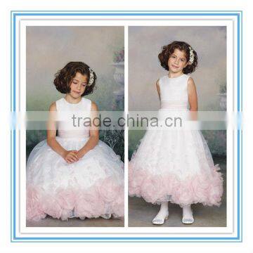 Sleeveless Organza Hand-Beading Ruched Waistband Pink A-line Flower Girl Dress for Wedding (FLMO-3085)