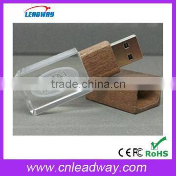 crystal wooden usb 3D logo with LED light stylish crystal usb drive for Christmas gift