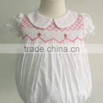 100% white voile cotton short sleeves wholesales cotton smocked & embroided baby girl romper