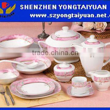 Square Pink Rim Dinner Set Chinaware Flower Decal