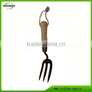 Garden Hand Fork, Weed Fork, Carbon Steel Head, Ash wood handle with leather strap