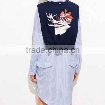 Guangzhou Clothing OEM Blue Vertical Striped Shawl Button Dress With Curved Hem