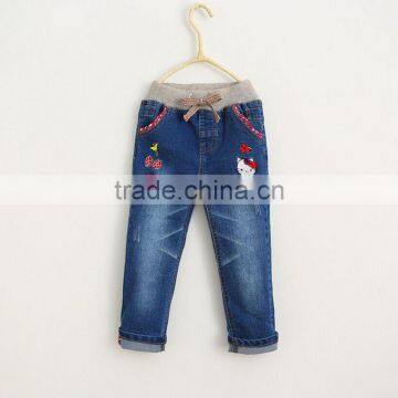 Cartoon cat casual denim trousers embroidered flowers for chid girl