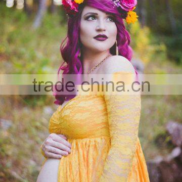 Gold Split Lace Off Shoulder Long Sleeves Maternity Gown Dress Pregnant Woman Mustard Lace Maxi Dress photo-2