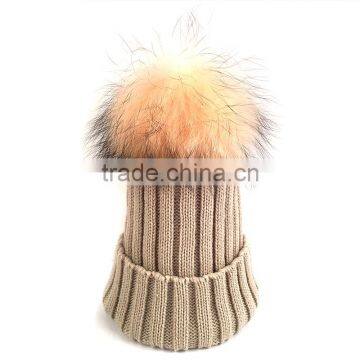 Myfur Wool Blend Knitted Beanie Hat with Matched Color Real Raccoon Fur Ball