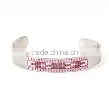 Titanium Steel Seed Beads Open Cuff Bangles Bracelets Silver Tone Deep pink