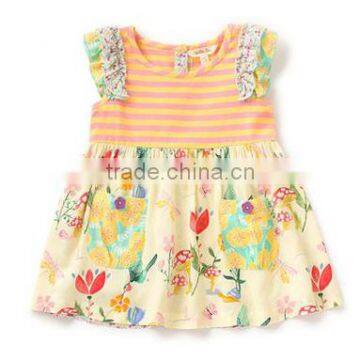 latest dress designs yellow stripe Floral printing summer dress flutter sleeve bulk wholesale kids clothing