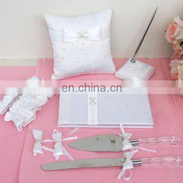 Fashion white bow-knot with Beads decoration wedding guest book /pen holder/ring pillow/flower basket set