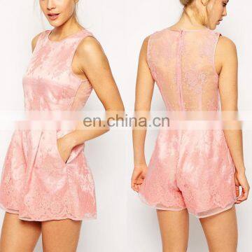 2016 hot selling wholesale one piece women pink playsuit with floral sheer layer